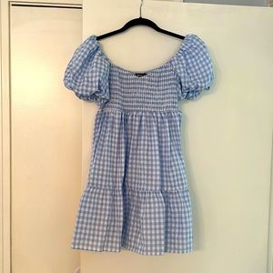 Off the shoulder checkered blue and white dress